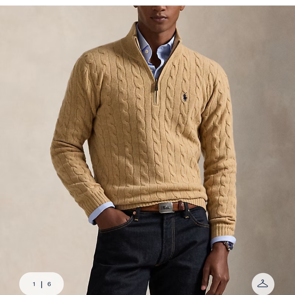 Polo Ralph Lauren Men’s Wool and Cashmere Cable-Knit Half-Zip Sweater in Beige - Picture 2 of 7